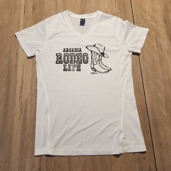 Arcadia Rodeo Life T-Shirt Cowgirl Boots V-Neck Western White Womens Medium‎ - Picture 2 of 9